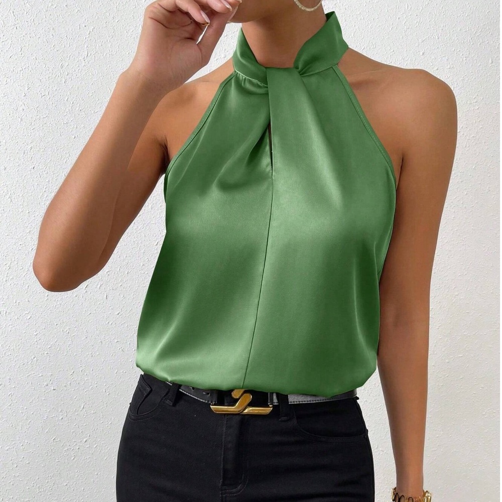Luxe Champagne Satin Halter Minimalist Tank Top - Picture 11 of 15